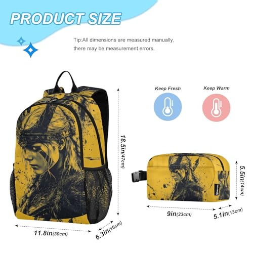 Backpack Lunch Bag Set for Travel Hiking Picnic, Viking Woman Portrait Print Backpacks with Insulated Lunch Box2