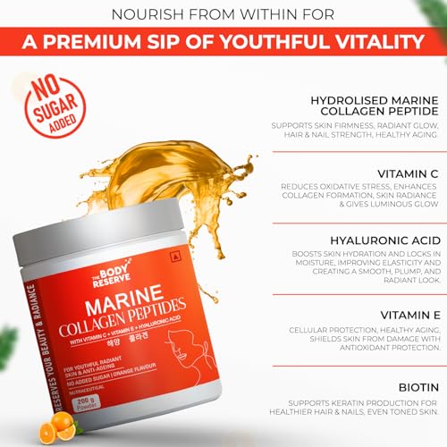 Image of The Body Reserve Marine Collagen Peptides (Orange, 200g) | With Vitamin C, Vitamin E, Sodium Hyaluronate & Biotin | Supplement for Healthy Skin, Hair & Nails | Hydrolyzed Fish Powder for Women & Men