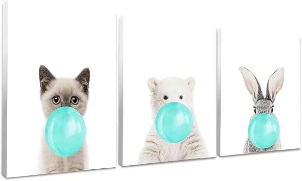 Niwo ART - Cat Polar Bear Rabbit, Teal Bubble Gum Animals for Kids, Canvas Wall Art Home Decor, Gallery Wrapped, Stretched, Framed Ready to Hang 20"x16"x1.5"
