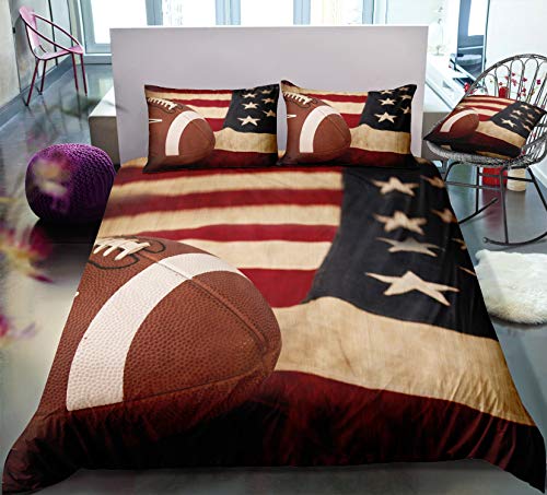ADASMILE A & S American Flag Football Bedding Set 3D Sports Bedding for Boys Rugby Duvet Cover Football Sports Themed Comforter Cover with 2 Pillow Shams Bedroom Decor for Sports Fans King Size