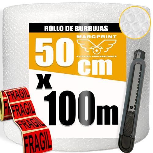 MARCPRINT Rollo Burbuja Embalaje 50 cm x 100 m con Cutter y Pegatinas de Fragil – Papel Burbuja para Mudanzas y Envíos – Plástico de Burbujas Protector Antigolpes – Embalaje Profesional Reutilizable.