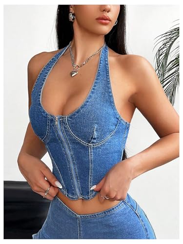 MakeMeChic Women's Denim Zip Up Halter Top Sleeveless Open Back Asymmetrical Hem Denim Crop Tops3