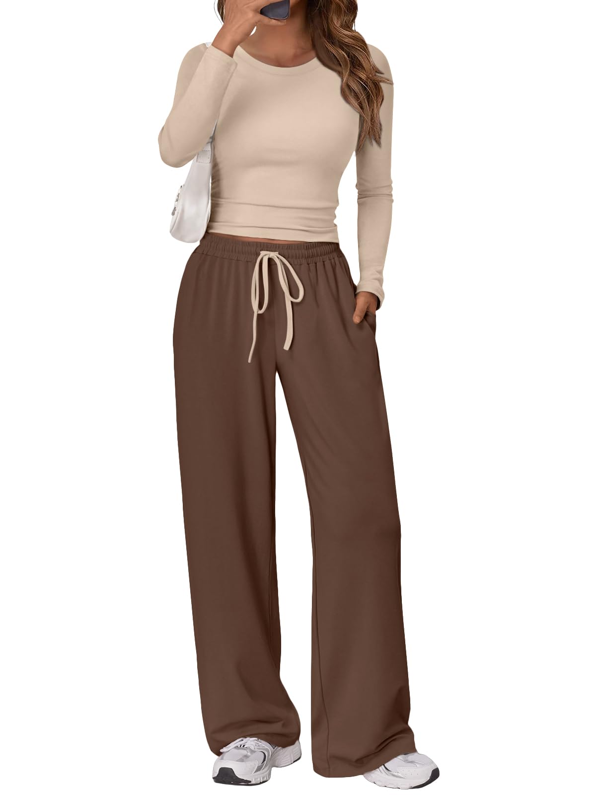 Trendy Queen Women's 2 Piece Matching Lounge Set Long Sleeve Side Ruching Top Wide Leg Drawstring Pants Set with Pockets