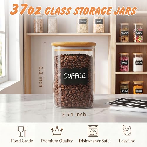 SENTVEND-37-Oz-Glass-Jars-6-Pack-Food-Storage-Containers-with-Lids-Square-Food-grade-durable-clear-canister-Bamboo-seal-cover-Stackable-BPA-Free-Ideal-for-sorting-oats-Coffee-beans-Nuts-More