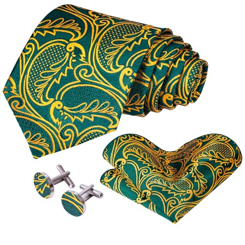 Image of 5PCS Tie and Pocket Square for Men, Silk Necktie and Handkerchief Cufflinks with Gold Ring and Lapel Pin Set