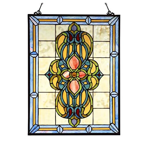 Bieye W10030 Victorian Tiffany Style Stained Glass Window Panel Hangings with Chain, 18"W x 25"H