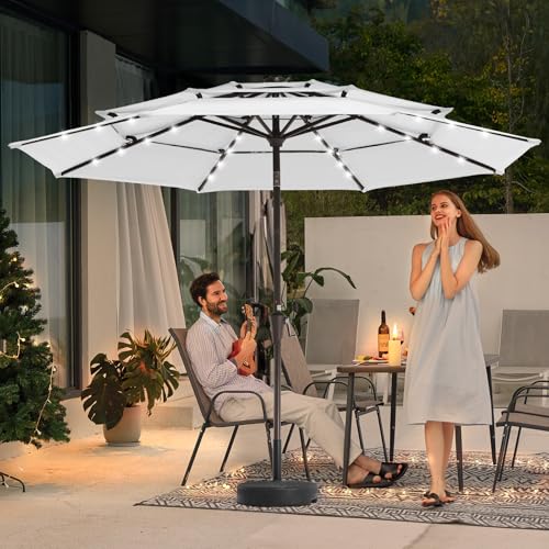 Image of JEAREY 3 Tiers Patio Umbrella with Solar Lights 9ft Outdoor Market Table Umbrellas with Push Button Tilt for Outside Pool Garden, Creamy-white