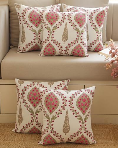 Image of Clasiko Set of 5 Cushion Covers 12x12 Inch - Duck Cotton Decorative Cushion Covers Ivory Pink Medallion