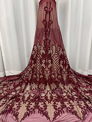 3 Yards African Net Tulle Lace with Beaded Embroidered Pattern for Dress - Guipure L02 (Burgundy)