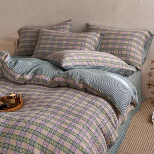 Image of EAVD Vintage Pastel Pink Buffalo Plaid Duvet Cover Twin Soft 100% Cotton Muslin Retro Green&Purple Grid Checkered Plaid Bedding Set with 2 Pillowcases Aesthetic Gingham Duvet Cover with Zipper Closure