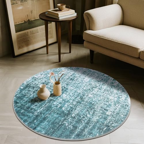 Image of Carvapet Washable 3ft Round Area Rug - Modern Abstract Teal Circle Carpet