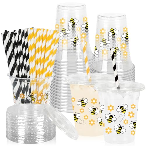 JarThenaAMCS 50 Pcs Bee Plastic Cups with Lids Straws Yellow Black Bee Daisy Clear Plastic Cup 12 Oz Summer Disposable Cup for Party Favor Supplies