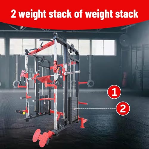 Image of GYM24 EQUIPMENTS Sonata Functional Trainer with Smith Machine & Power Cage | Dual 80 kg PVC Weight Stack 160 kg Total | Multi Gym with Bench Pull Up Bar Dip Bars Leg Press Landmine | Red Black