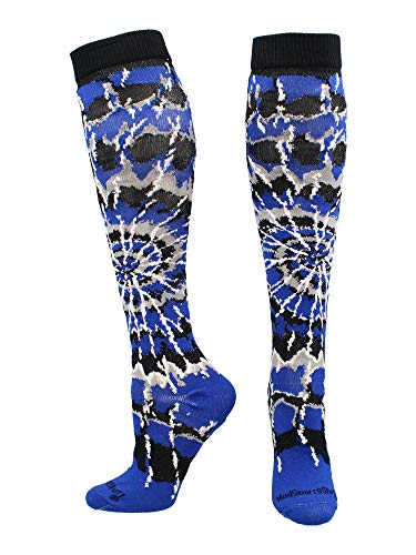 MadSportsStuff Crazy Tie Dye Calcetines sobre la Pantorrilla – Softball, fútbol y más, Large, Azul Rey/Negro/Blanco
