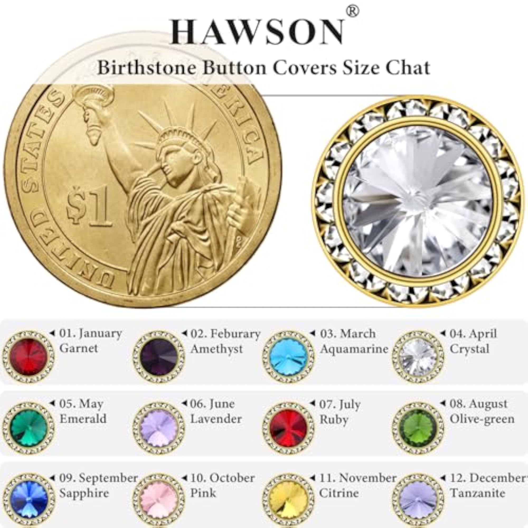 Birthstone Button Cover Cufflinks, Shiny 18K Gold Tone