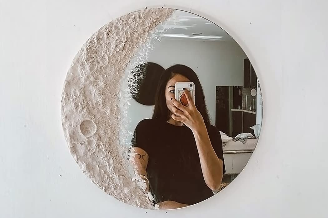 GeoMoono 30cm diameter handmade gypsum cement mirror consist of sand half lunar moon phase mirror set for home wall hanging mirror and living room decoration