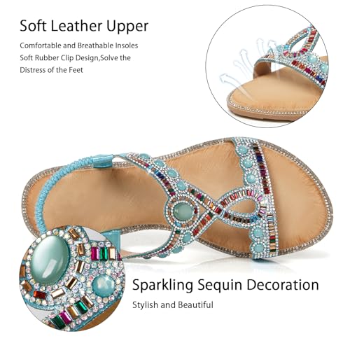 Image of iCKER Womens Rhinestone Strappy Flat Sandals Elastic Ankle Strap Open‑Toe | Sparkling,for wedding,party,evening dates,special occasion,Vacation,Formal