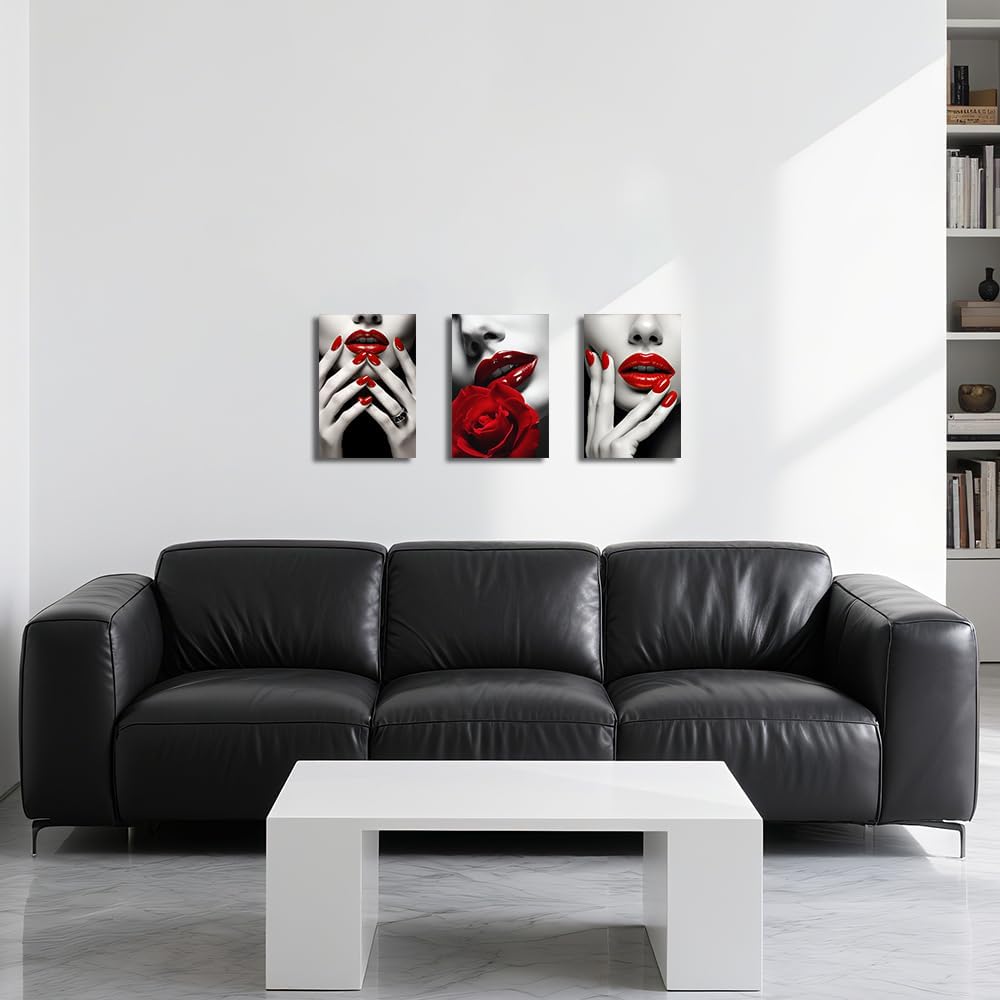 CCWORKERRY Lips Canvas Wall Art 3 PCS Woman Lip Pictures Fashion Manicure Poster Black and Red Nail Painting for Makeup Room Beauty Salon Decor (red,11W x14L x3)
