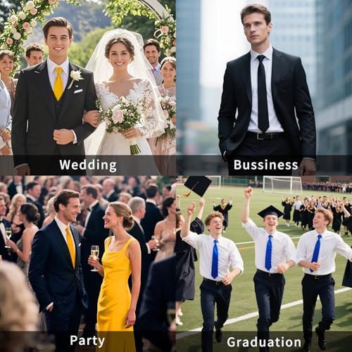 Image of HISDERN Mens Solid Color Ties Formal Satin Necktie and Pocket Square Set Classic Wedding Business Tie & Handkerchief