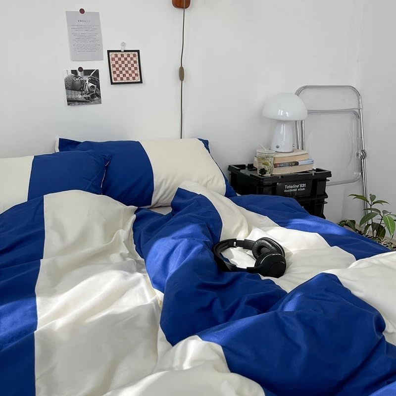 QuKan Bed, 100% Cotton Bedding Sets Blue White Plaid Duvet Cover Flat Sheet Pillowcase Twin Queen Size Bedlinen, MM-102