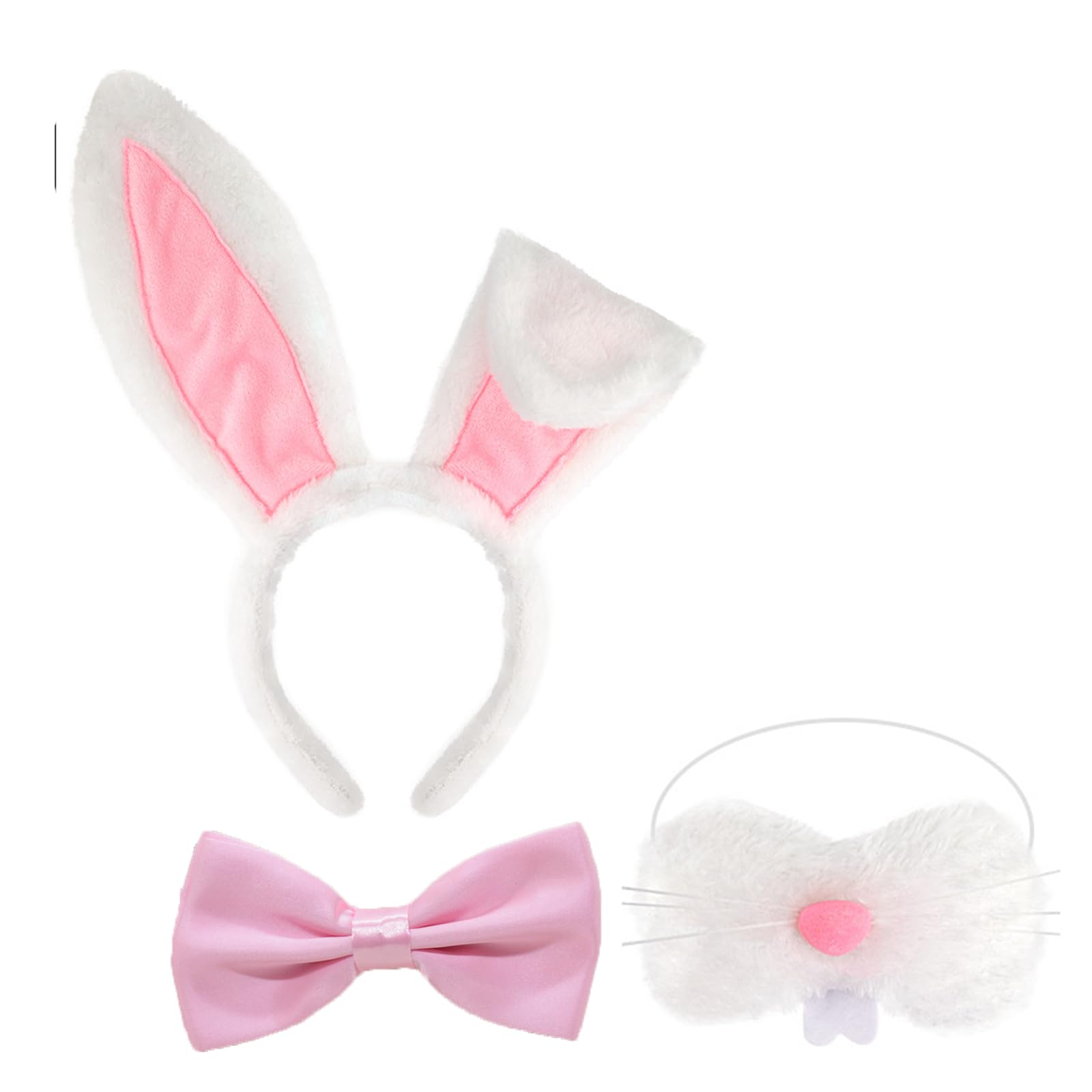 White Bunny Costume Rabbit Ears Headband Bow Tie Nose Halloween Cosplay Party