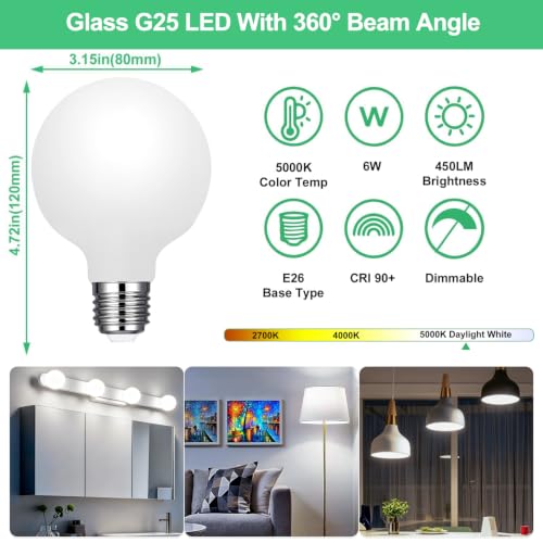 Image of Vinaco Glass G25 led Globe Light Bulbs Dimmable 6W 120V 5000K for Bathroom | 6PCS, Milky Frosted Glass, 60W Eq. 450LM, 360Beam,Warm White, NO Flicker, High CRI90+, E26 Base, for Makeup Mirror & Pendant