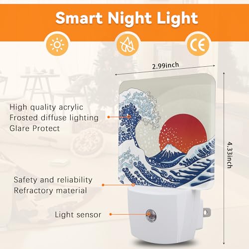 Image of Great Japanese Wave Night Lights Plug into WallRed Sun Decorative Night Light Dusk to Dawn LED Lamp for Bedroom Bathroom Living Room
