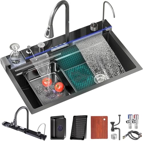 VOLTGY - Fregadero de Cascada con un Seno. Fregadero Multifuncional con Lavavasos, Cascada, Dispensador de Jabón, Grifo Extraible, etc