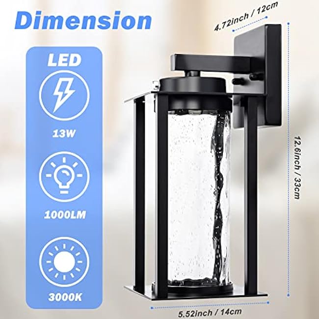 LED Dusk to Dawn Outdoor Light Fixtures - 2 Packs Modern Porch Lighting with Attractive Glass, 13W 3000K LED Exterior Sconce Wall Mount with Photocell Sensor for House Front Garage Door, Waterproof