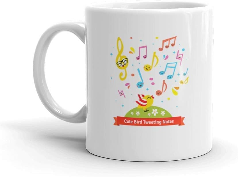 Dozili Funny Coffee Mug - Bird Tweeting and Singing Cartoon Musical Notes is Fun Ceramic Coffee Mug Cup, 11 Oz, White