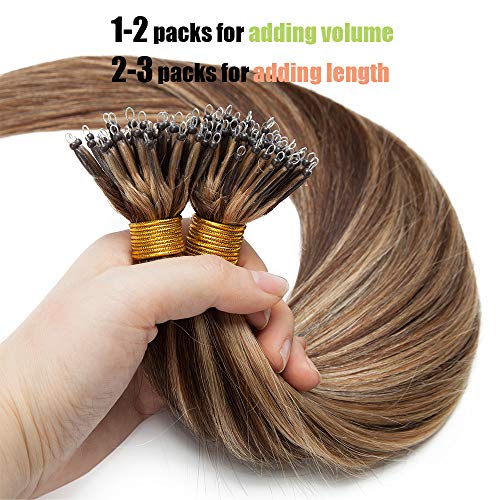 Elailite Hair Extensions Real Human Hair Nano Ring Nano Beads Hair Extension 50 Strands 50g Cold Fusion Straight Balayage (#4/27 Medium Brown Mix Dark Blonde - Image 4