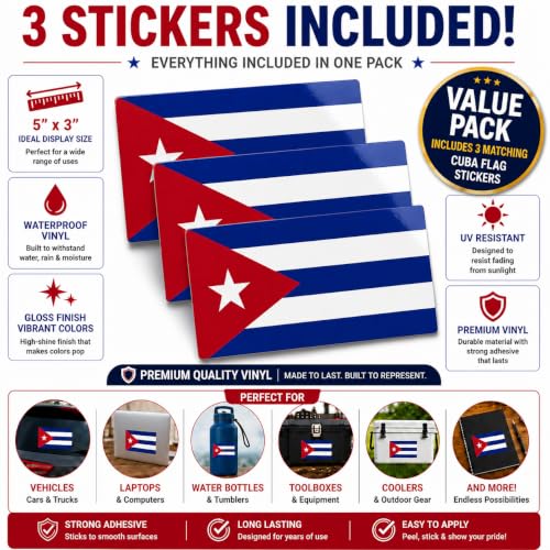 Image of Cuba Vinyl Flag Stickers, Car Decals, Waterproof Indoor Outdoor, Laptop Stickers, Car Bumper, Cuban Flag, 5 x 3 Inches, Set of 3