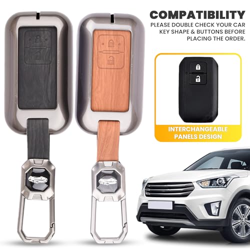Image of Car Key Cover Compatible with Maruti Suzuki jimny Baleno Grand Vitara XL6 Swift New Brezza 2022 Ertiga Dzire 2-Button Smart Key (Dual Leather Metal (Black & Brown))