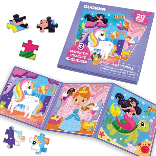 Image of Magnetic Puzzles for Toddlers 3-5 - Kids Travel Toys for Girls | 20 Pieces Puzzles Ages 2-4 - Travel Game for Kids 4-6 - Car Airplane Road Trip Activities with Unicorn, Princesses, Fairies