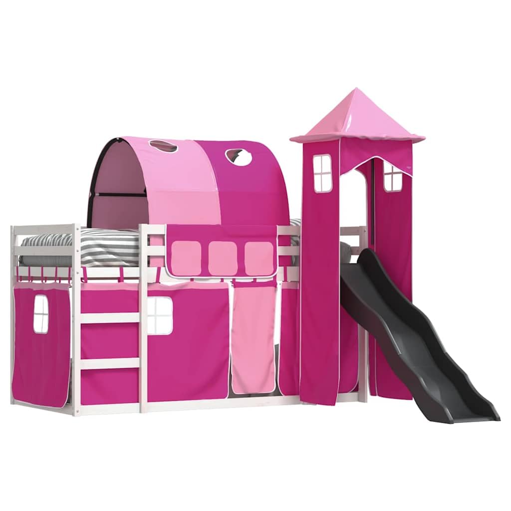 Letto a castello con scivolo e tende, rosa, 90 x 200 cm | Legno di pino massiccio, ringhiere di sicurezza su 4 lati, scala inclusa, base a doghe