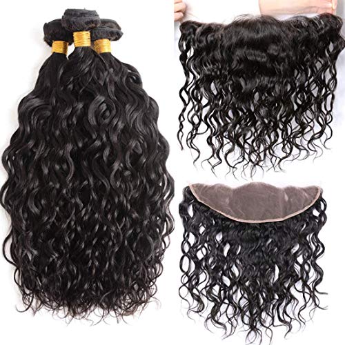 Luxnovolex Brazilian Hair Weave Bundles With Closure 4Pcs Water Wave Human Hair 3 Bundles With Lace Frontal Closure 100% Unprocessed Virgin Brazilian Hair With Frontal Wet And Wavy(12 14 16 +10")