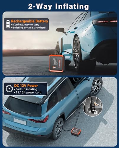 Image of Tire Inflator Portable Air Compressor - KEEPUP 150 PSI Cordless Air Pump with Rechargeable Battery for Car Tires Ebike Motorcycles Bicycles Balls with Tire Gauge Pressure, Dual-Use Type