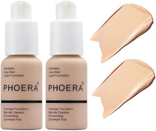BestLand 2Pack PHOERA Foundation Full Coverage Liquid Foundation Cream - Long-lasting Lightweight Concealer - Oil-Free Formula - Natural Shade - Suitable for All Skin Types (2 Pack Nude #102)