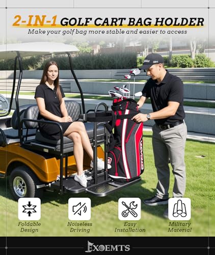 Universal Foldable Golf Cart Rear Seat Bag Holder, Upgraded Golf Cart Rear Seat Bag Rack for EZGO Club Car Yamaha, Fits Safety Grip Bar Maximum 8'' Wide, Preinstalled, Space-Saving, No-Drill