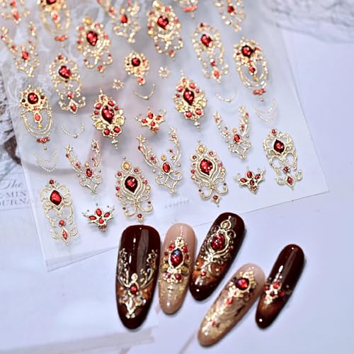 Gold Nail Art Stickers red gem Nail Stickers for Nail Art 5D Embossed Nails Decals Baroque Scepter Nails Supplies for Women Girls DIY Manicure Decorations