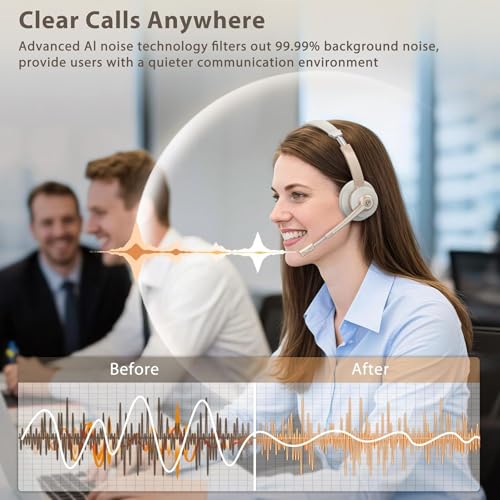 Image of Wireless Headset, Bluetooth Headset with Microphone AI Noise Canceling & USB Dongle, On-Ear Wireless Headphones with Mic Mute & Charge Dock for Work Computer Phone Office Call Meeting