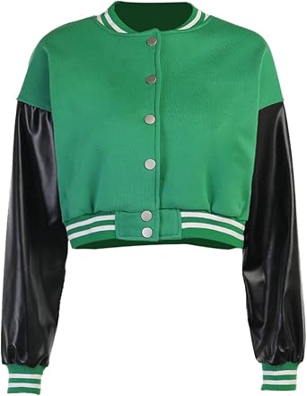 qfmqkpi Women Color block Crop Fleece Baseball Jacket Button Down Bomber Coats Sweatshirt