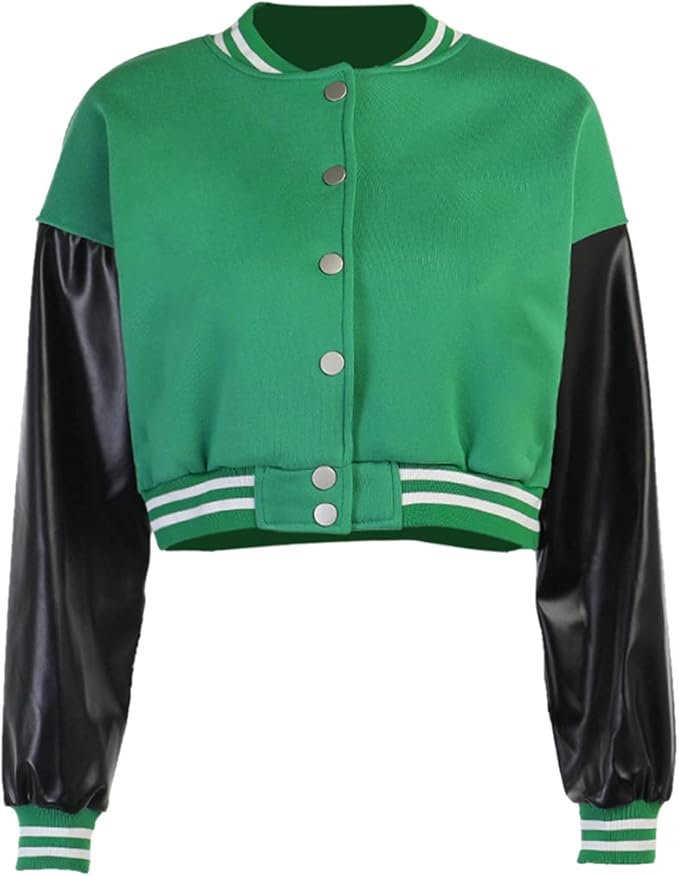 Qfmqkpi Women Color Block Crop Fleece Baseball Jacket Button Down Bomber Coats Sweatshirt