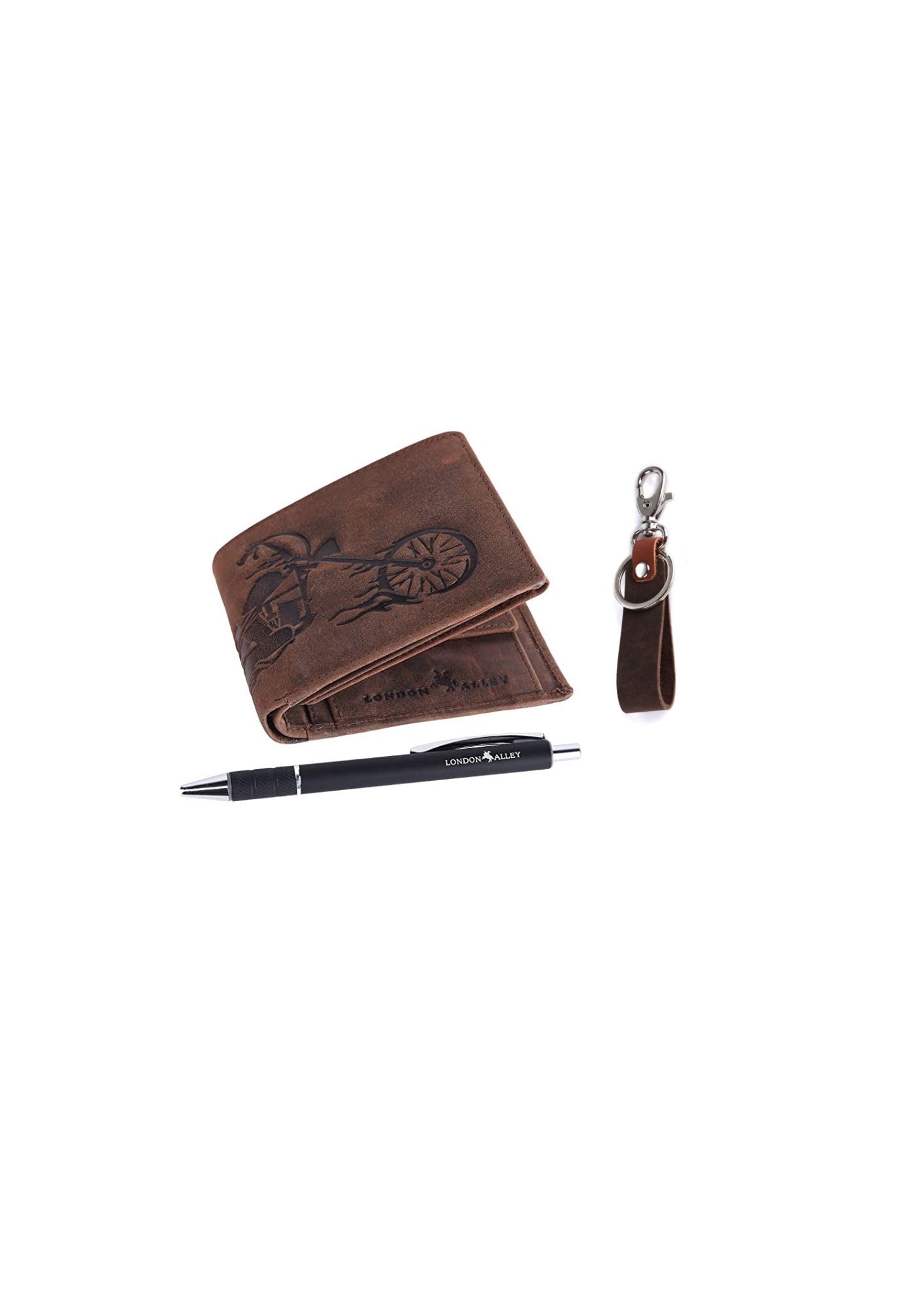 LONDON ALLEY Arya Vintage Brown Leather Wallet, Keyring & Pen Combo Gift Set for Men | Gift Hamper for Men