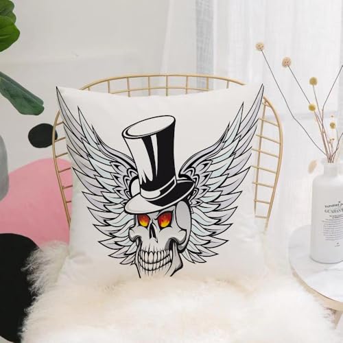 YFHJV Pillow Cover Throw Case Decor Home Living Room Couch Sofa Decorative Cushions Pillow Cover for Bedroom,Top of the head and top of wings, glowing red eyes, skull with wings wearing hat,40x40 cm