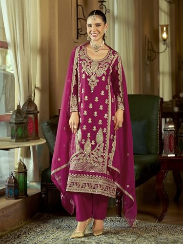Image of INDO ERA Women's Organza Embroidered Sequinned Kurta & Pant with Dupatta Set | Women Kurta Sets With Dupatta Cotton
