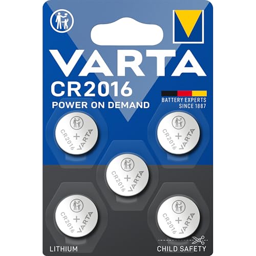 VARTA Batterien Knopfzellen CR2016, 5 Stück, Power on Demand, Lithium Coin, 3V, kindersichere Verpackung, für elektronische Kleingeräte - Autoschlüssel, Fernbedienungen, Waagen