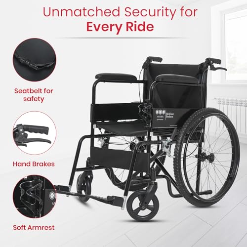 Image of Antara AGEasy (Max Group) Foldable Wheelchair for Adults, Elderly & Patients | Wide Seat, Spoke Wheels, Adjustable Footrest & Safety Belt (WheelAssist Pro - Black)