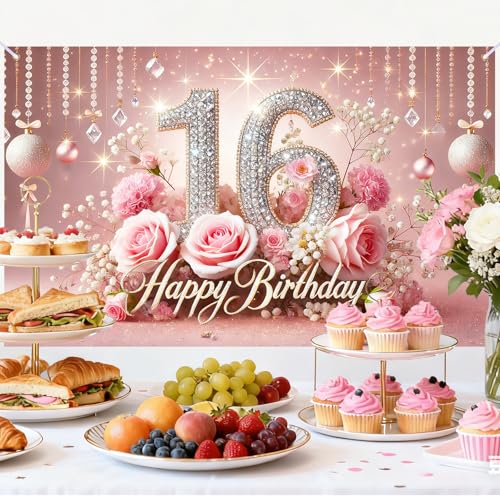 Image of Nuxovilar 16th Birthday Banner - Elegant Pink & Gold Floral Backdrop | with Glitter inch16 inch Sign, 71x43 Inch Large Party Decor for Women & Men, Reusable Indoor /Outdoor Hanging