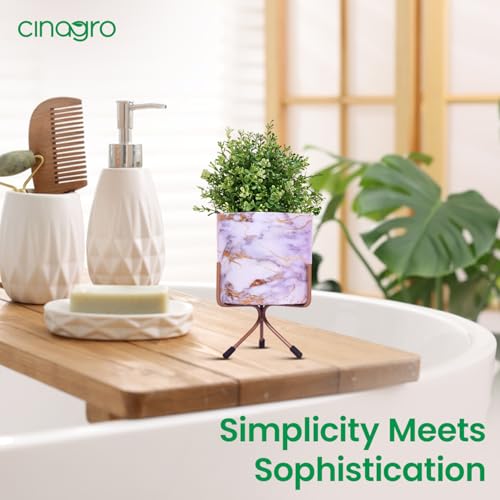 Image of CINAGRO Metal Flower Vase Planter Pot with Iron Stand, Pots for Plants, Plant Pots for Home Decoration, Succulent Pot, Indoor Planter Garden Decor Style: Marble Mirage White